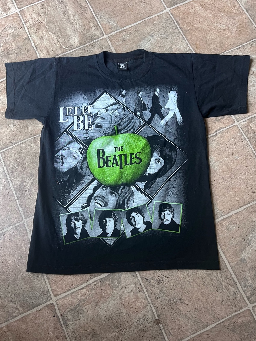The Beatles Black Graphic Tee with Green Apple Let It Be Design